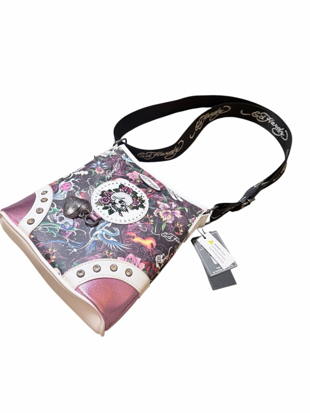 🌼💚NWT Ed Hardy Women's Slim Skull & Roses Crossbody Bag - Black & Pink - Picture 7 of 10
